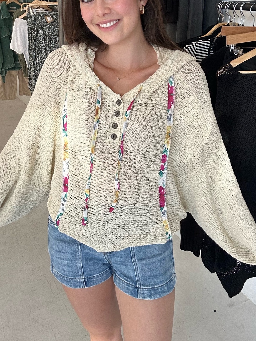 POL Cream Hooded Knit Pullover with Floral Drawstrings